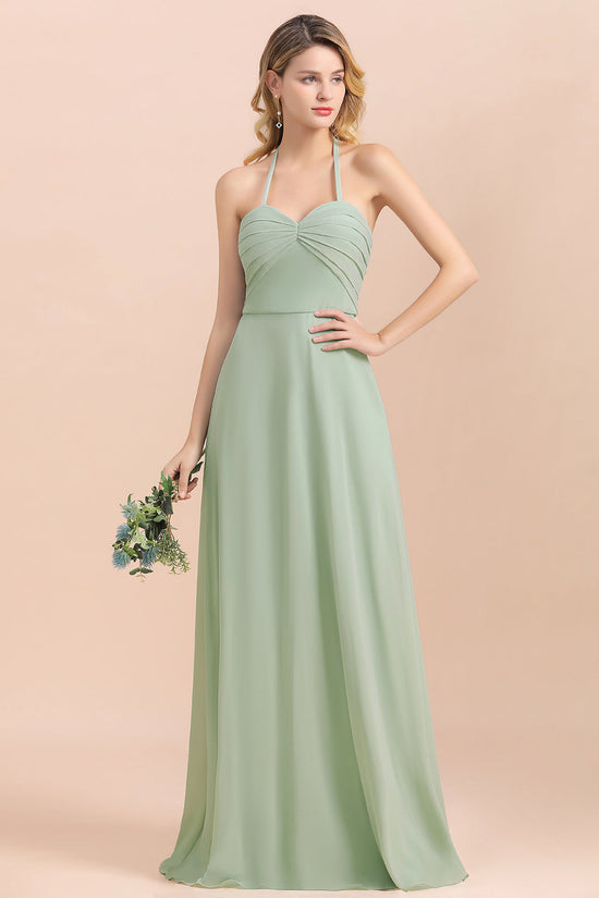 A-Line Halter Sweetheart Chiffon Sage Bridesmaid Dress Chic Long Wedding Guest Dress-BIZTUNNEL