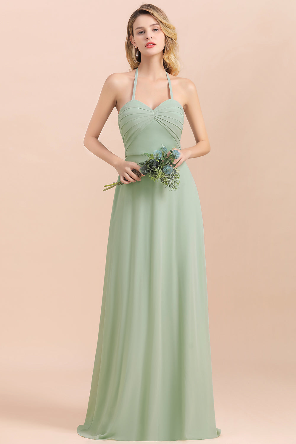 Load image into Gallery viewer, A-Line Halter Sweetheart Chiffon Sage Bridesmaid Dress Chic Long Wedding Guest Dress-BIZTUNNEL
