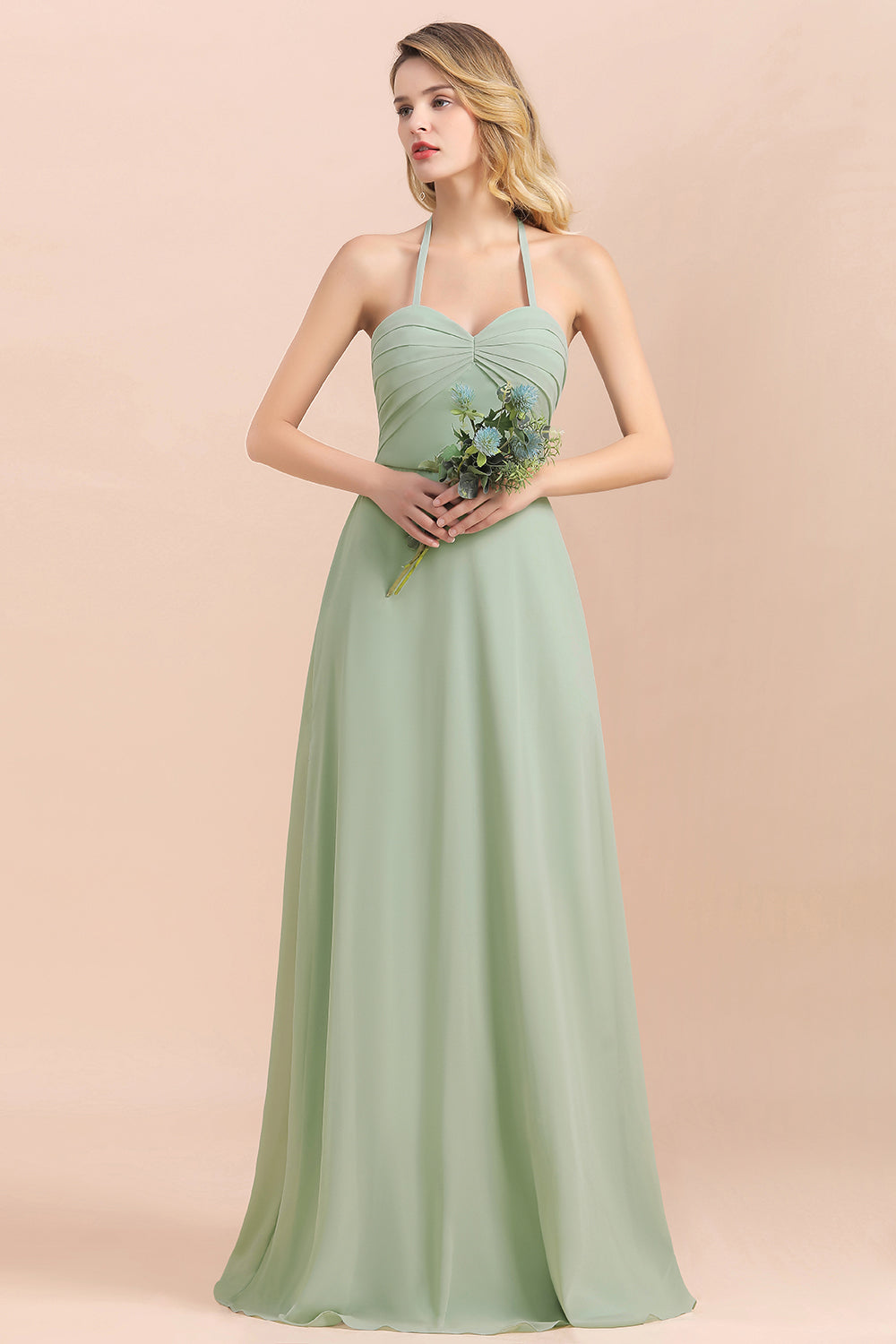A-Line Halter Sweetheart Chiffon Sage Bridesmaid Dress Chic Long Wedding Guest Dress-BIZTUNNEL