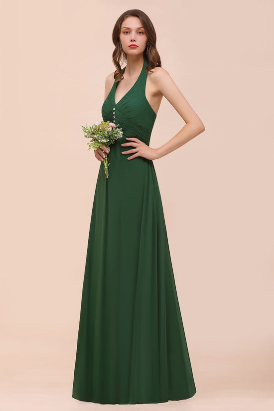Load image into Gallery viewer, A-line Halter V-neck Chiffon Long Bridesmaid Dress With Crystal Embellishment-BIZTUNNEL
