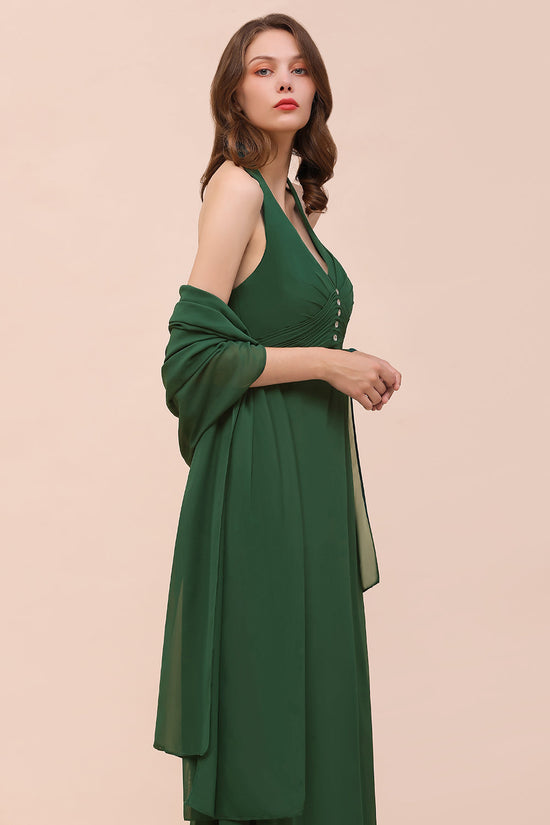 Load image into Gallery viewer, A-line Halter V-neck Chiffon Long Bridesmaid Dress With Crystal Embellishment-BIZTUNNEL
