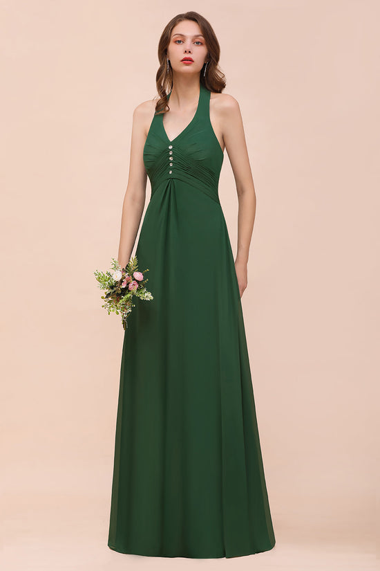 Charger l&amp;#39;image dans la galerie, A-line Halter V-neck Chiffon Long Bridesmaid Dress With Crystal Embellishment-BIZTUNNEL
