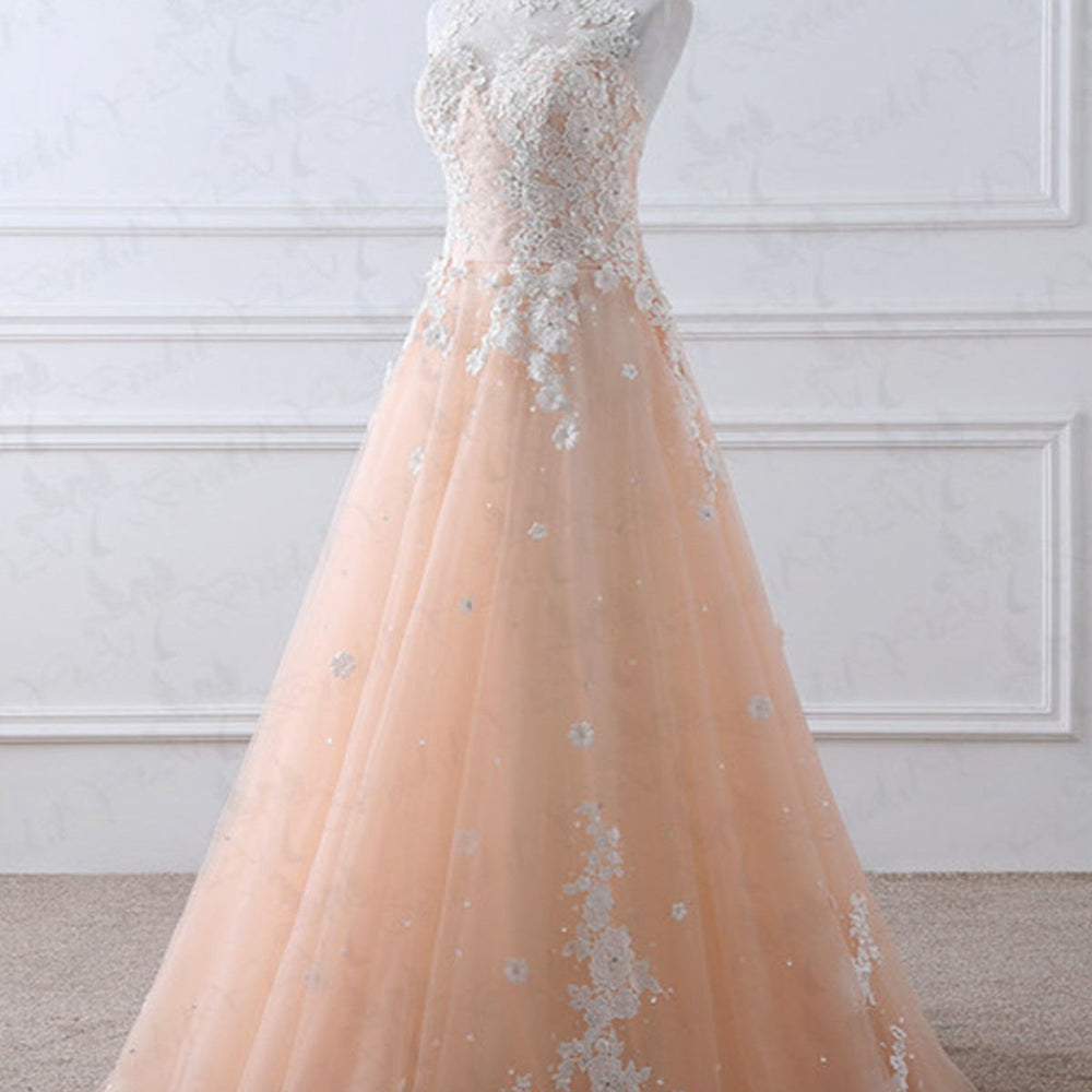 
                  
                    A-line High Neck Lace Appliques Tulle Long Prom Formal Evening Dresses-BIZTUNNEL
                  
                