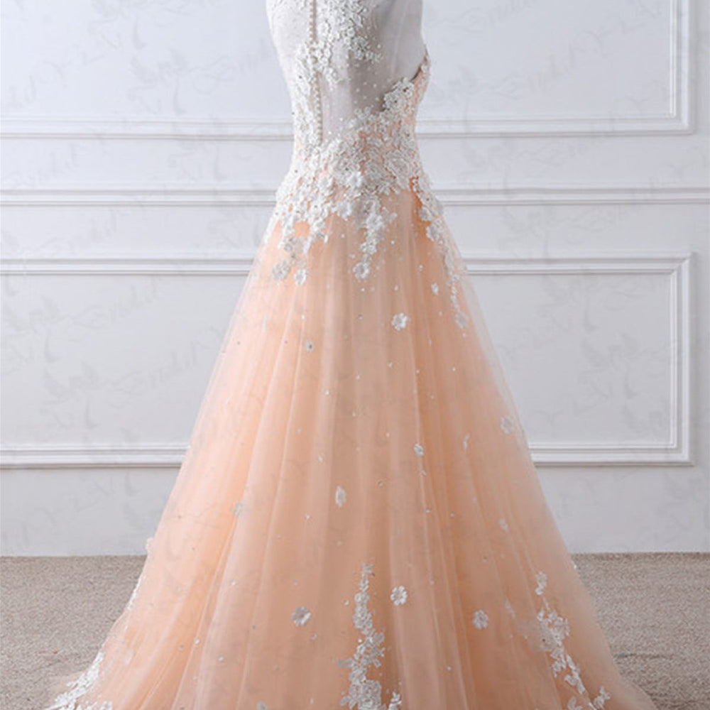 
                  
                    A-line High Neck Lace Appliques Tulle Long Prom Formal Evening Dresses-BIZTUNNEL
                  
                