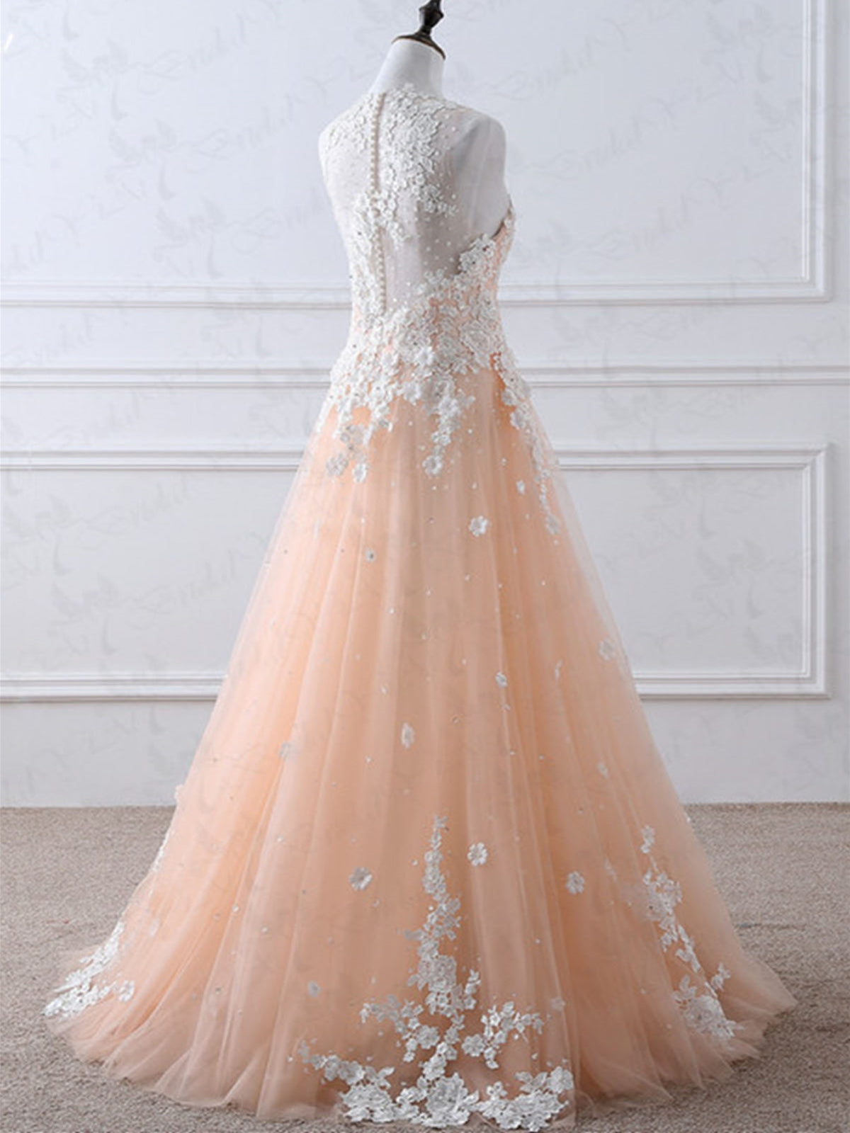 Carregar imagem no visualizador da galeria, A-line High Neck Lace Appliques Tulle Long Prom Formal Evening Dresses-BIZTUNNEL
