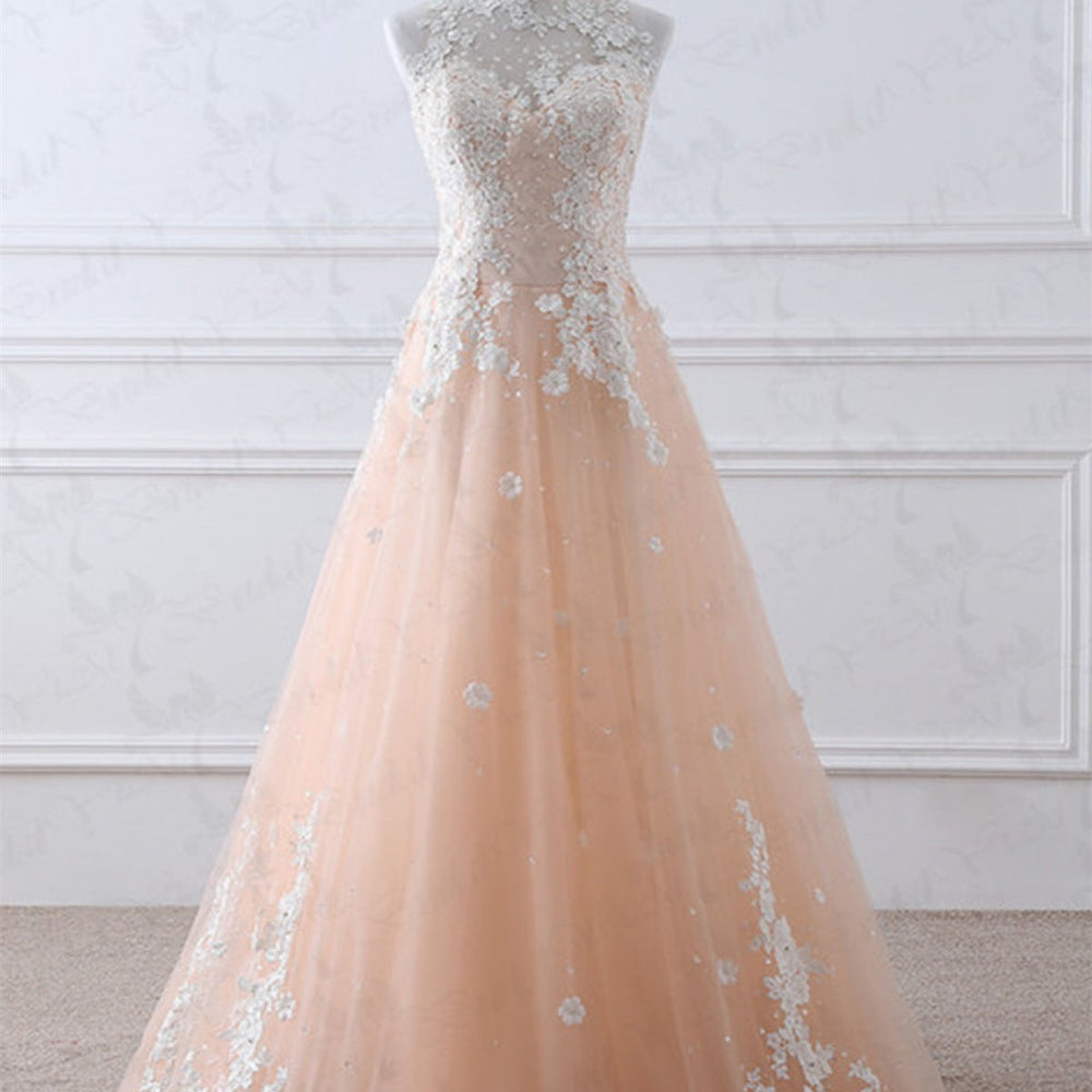 
                  
                    A-line High Neck Lace Appliques Tulle Long Prom Formal Evening Dresses-BIZTUNNEL
                  
                