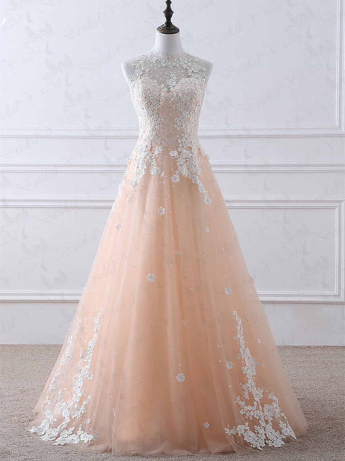 Carregar imagem no visualizador da galeria, A-line High Neck Lace Appliques Tulle Long Prom Formal Evening Dresses-BIZTUNNEL
