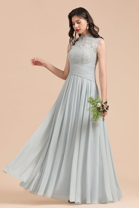 A-line High Neck Lace Chiffon Long Bridesmaid Dress-BIZTUNNEL