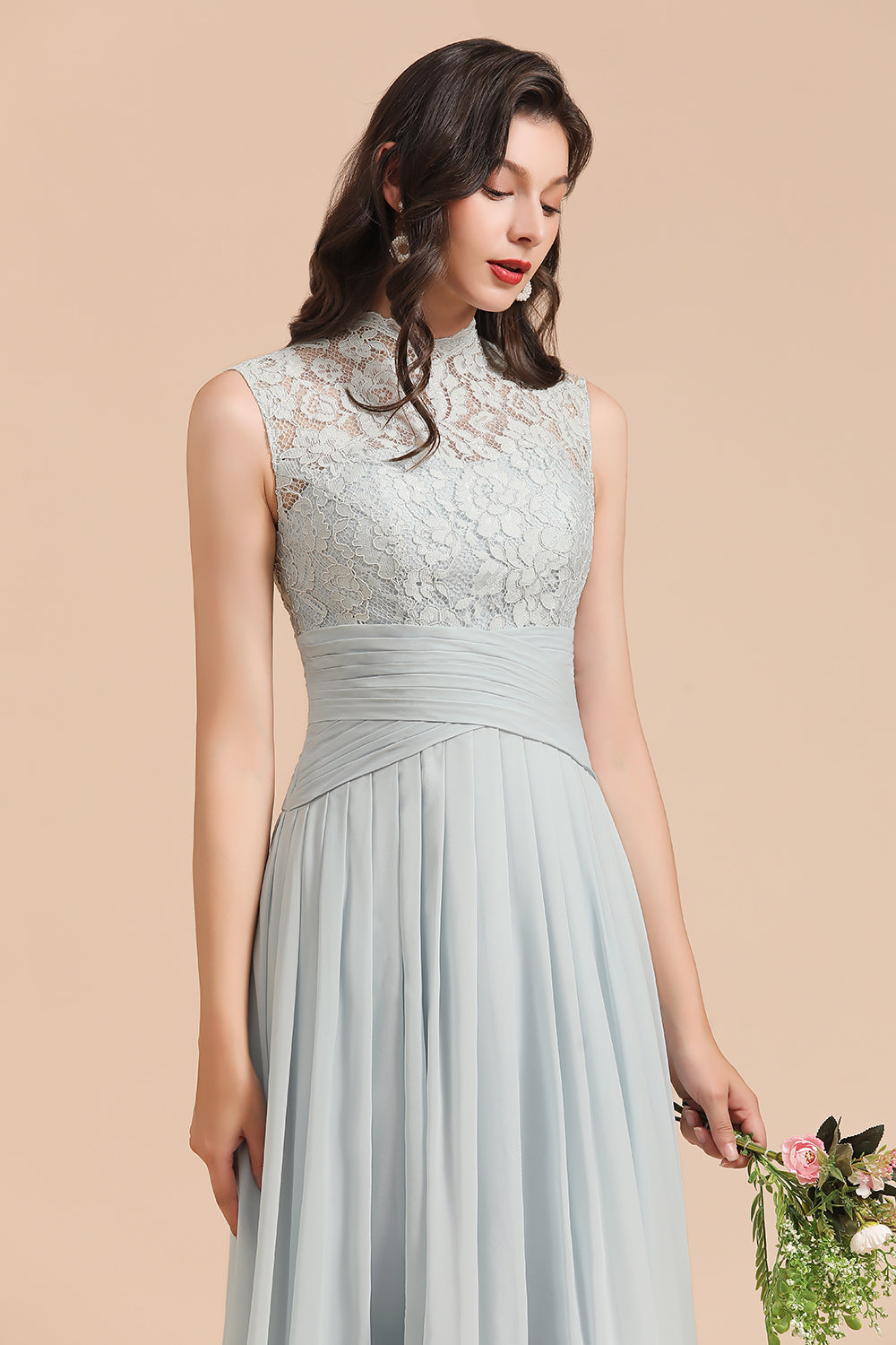 A-line High Neck Lace Chiffon Long Bridesmaid Dress-BIZTUNNEL