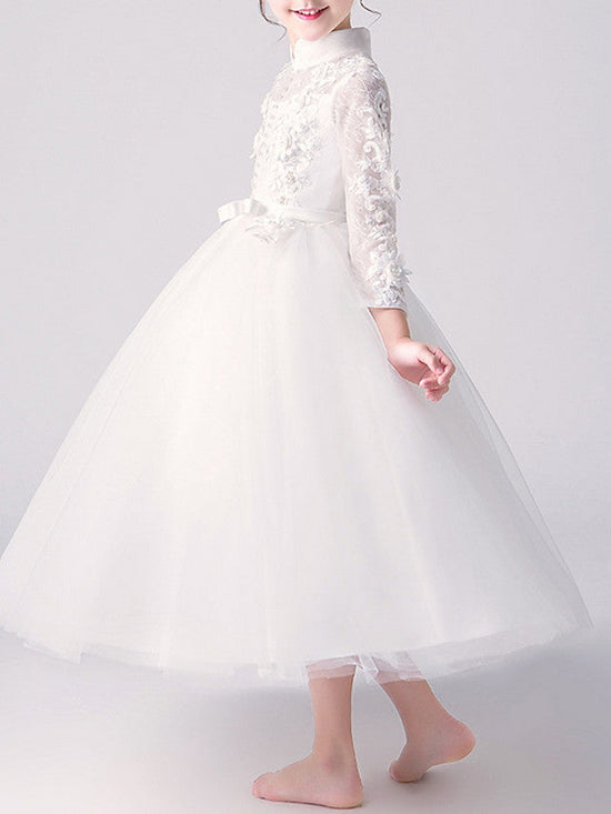 A-Line High Neck Tulle First Communion Flower Girl Dresses with Sleeves-BIZTUNNEL