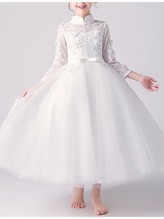 A-Line High Neck Tulle First Communion Flower Girl Dresses with Sleeves-BIZTUNNEL
