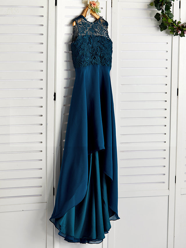 A-Line Jewel Neck Asymmetrical Chiffon Lace Junior Bridesmaid Dress-BIZTUNNEL