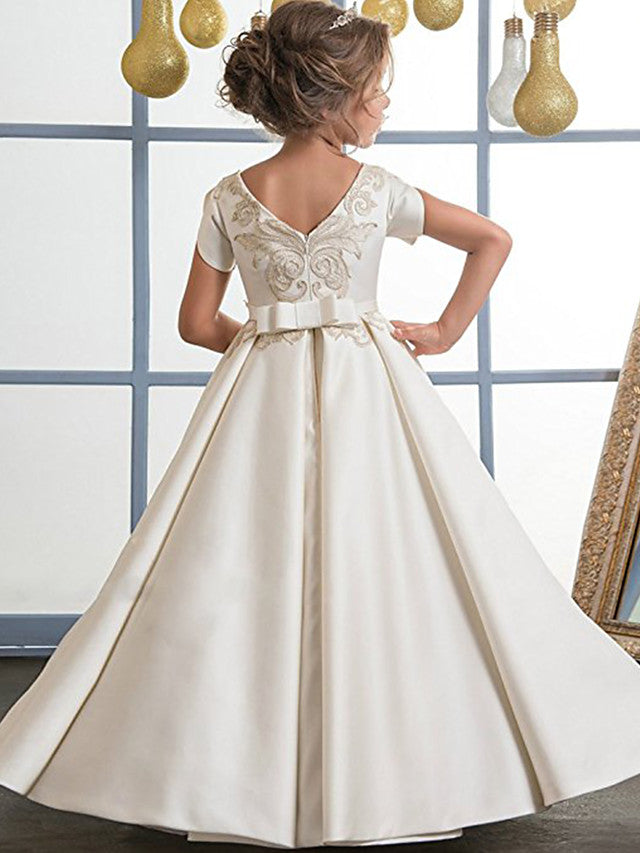 A-Line Jewel Neck Satin Wedding Birthday Pageant Flower Girl Dresses-BIZTUNNEL