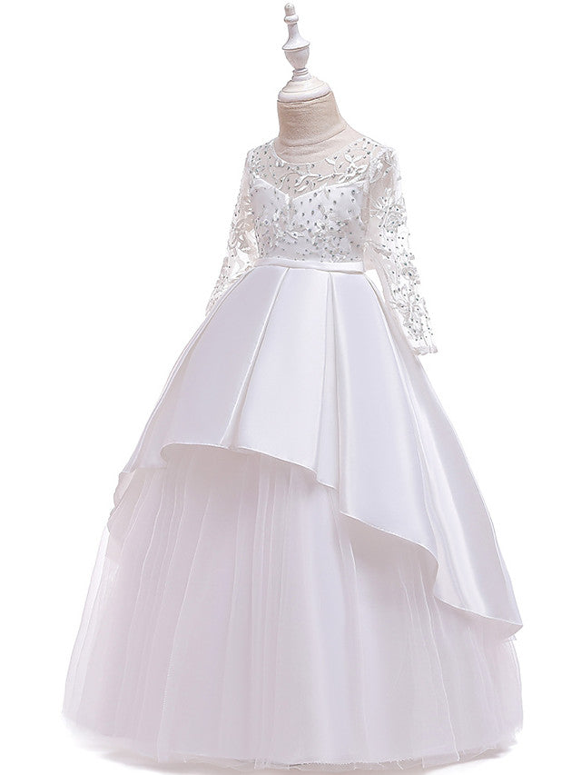Charger l&amp;#39;image dans la galerie, A-Line Jewel Neck Wedding Formal Evening Pageant Flower Girl Dresses With Sleeves-BIZTUNNEL
