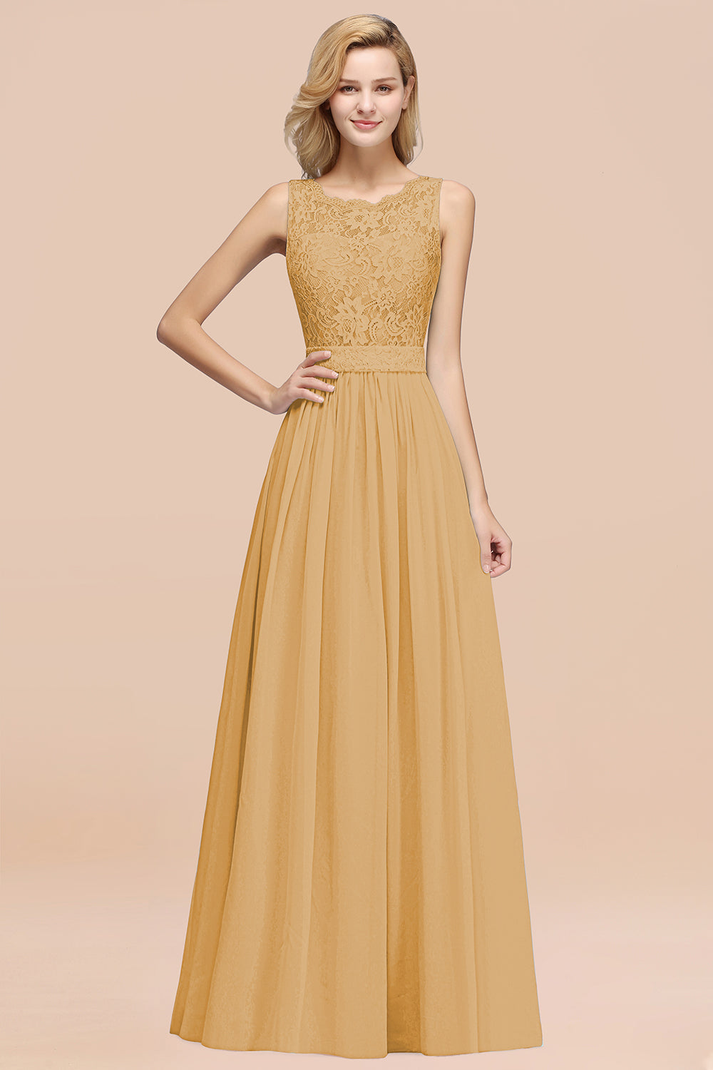 A-Line Lace Scalloped Chiffon Long Bridesmaid Dress with Ruffles A-Line Lace Scalloped Chiffon Long Bridesmaid Dress with Ruffles