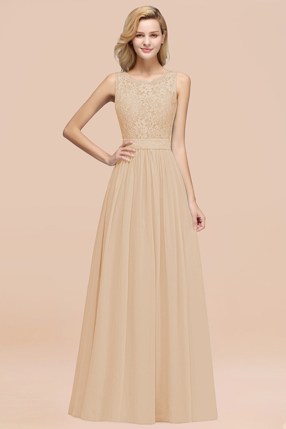 A-Line Lace Scalloped Chiffon Long Bridesmaid Dress with Ruffles A-Line Lace Scalloped Chiffon Long Bridesmaid Dress with Ruffles