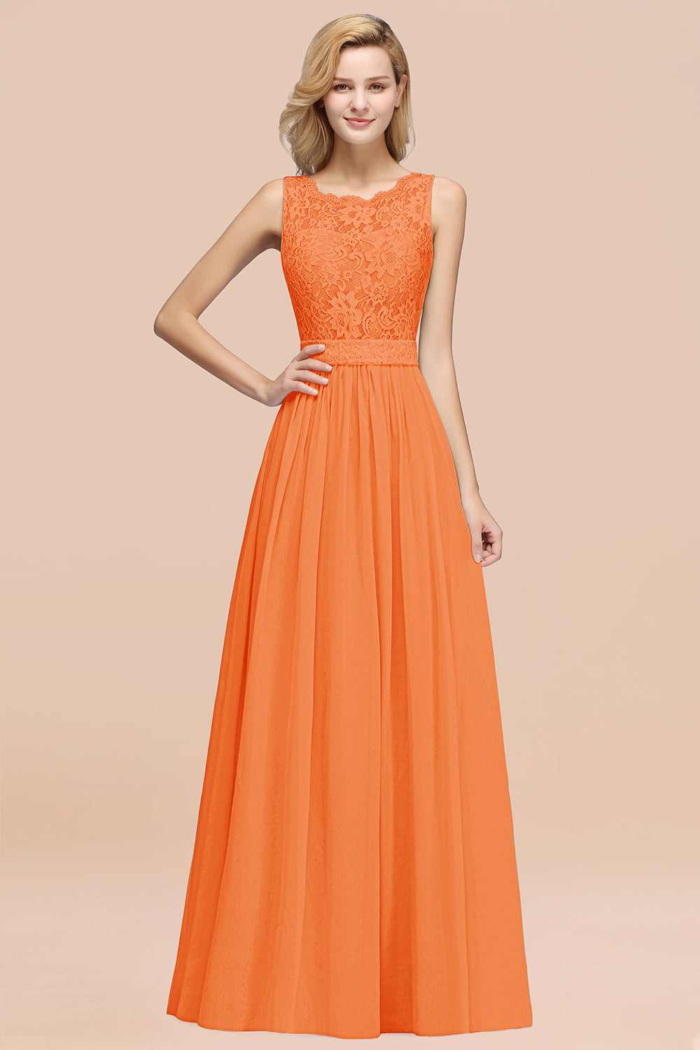 A-Line Lace Scalloped Chiffon Long Bridesmaid Dress with Ruffles BIZTUNNEL A-Line Lace Scalloped Chiffon Long Bridesmaid Dress with Ruffles BIZTUNNEL