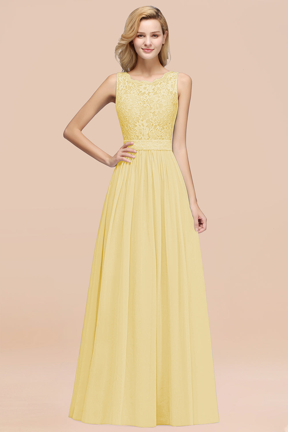 A-Line Lace Scalloped Chiffon Long Bridesmaid Dress with Ruffles-BIZTUNNEL