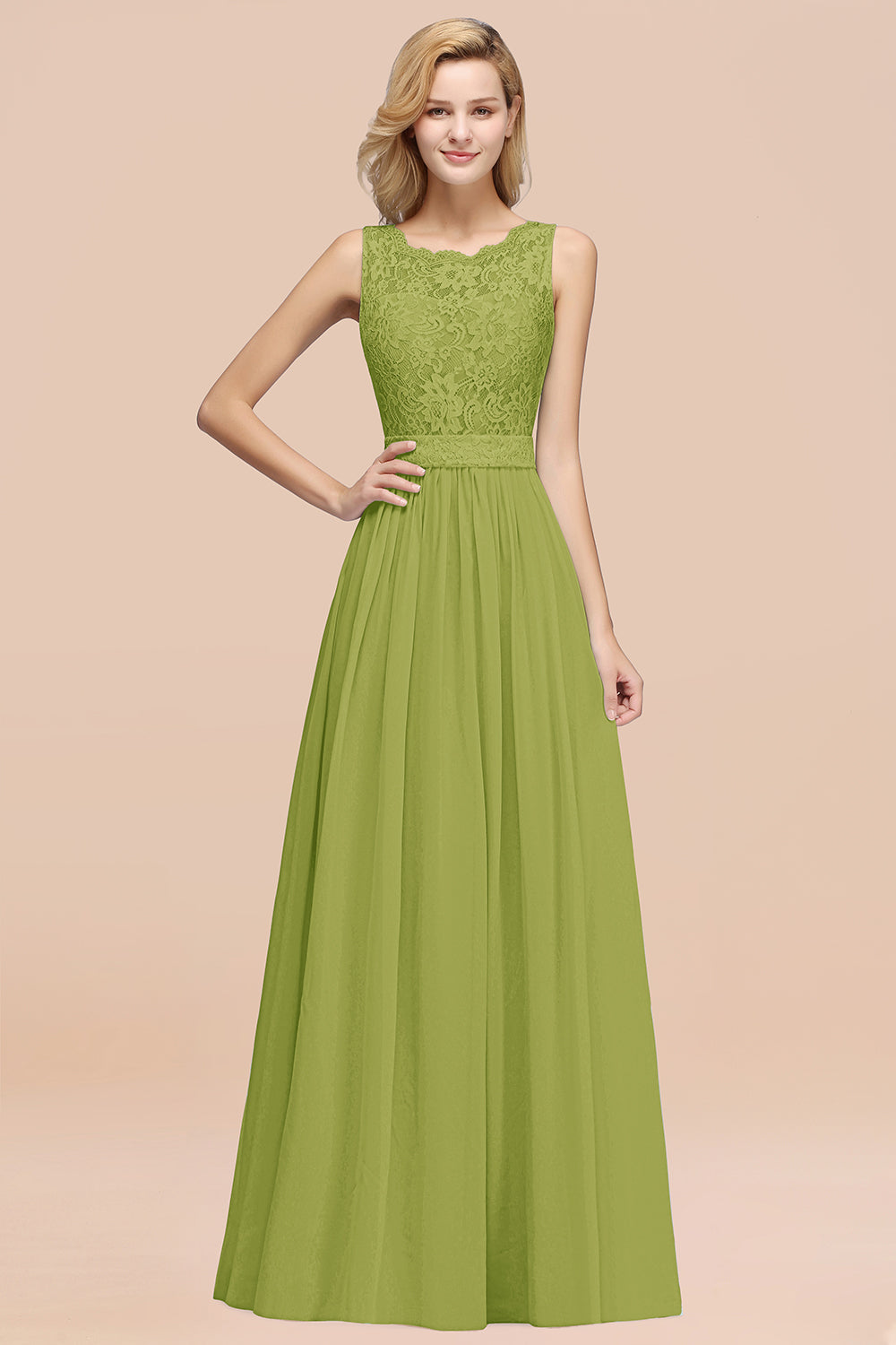 A-Line Lace Scalloped Chiffon Long Bridesmaid Dress with Ruffles BIZTUNNEL A-Line Lace Scalloped Chiffon Long Bridesmaid Dress with Ruffles BIZTUNNEL