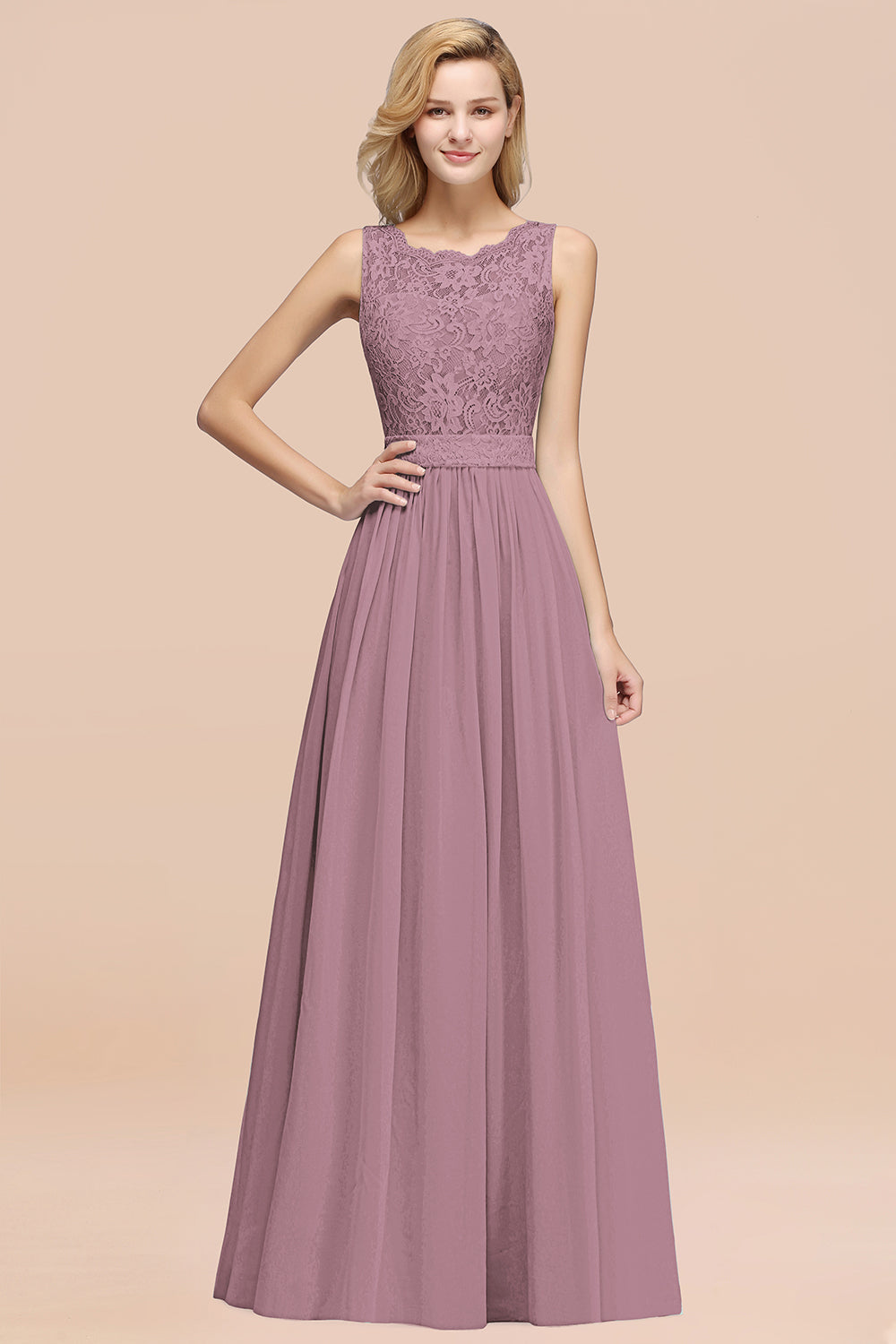 A-Line Lace Scalloped Chiffon Long Bridesmaid Dress with Ruffles BIZTUNNEL A-Line Lace Scalloped Chiffon Long Bridesmaid Dress with Ruffles BIZTUNNEL