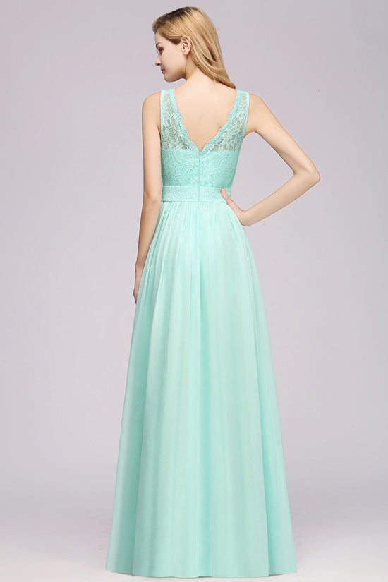 A-Line Lace Scalloped Chiffon Long Bridesmaid Dress with Ruffles-BIZTUNNEL