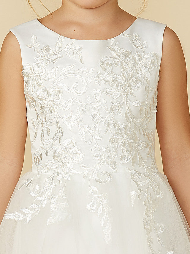 A-Line Lace Tulle Sleeveless Jewel Neck Wedding First Communion Flower Girl Dresses-BIZTUNNEL