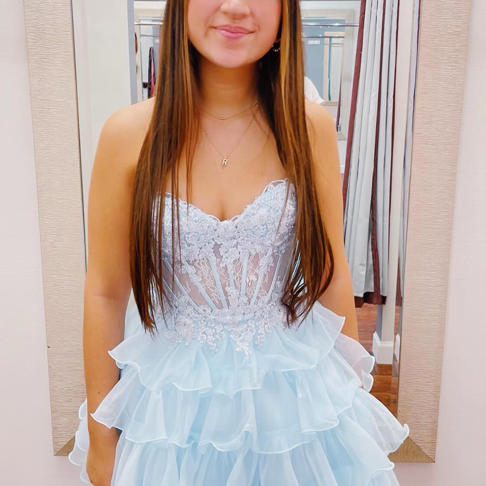A-Line Light Blue Sweetheart Corset Short Homecoming Dress with Ruffles