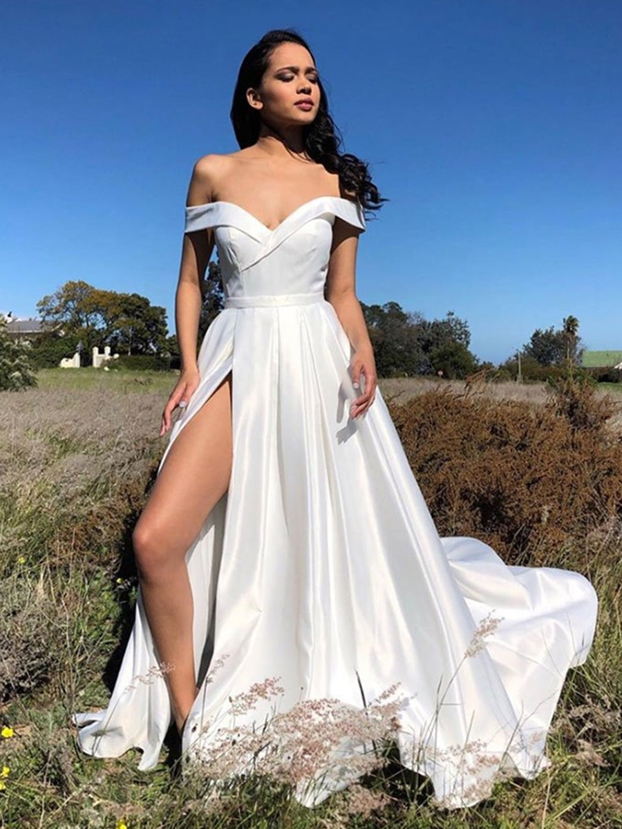 A-line Off Shoulder Satin Long Prom Dresses with High Split White Formal Graduation Evening Gowns-BIZTUNNEL