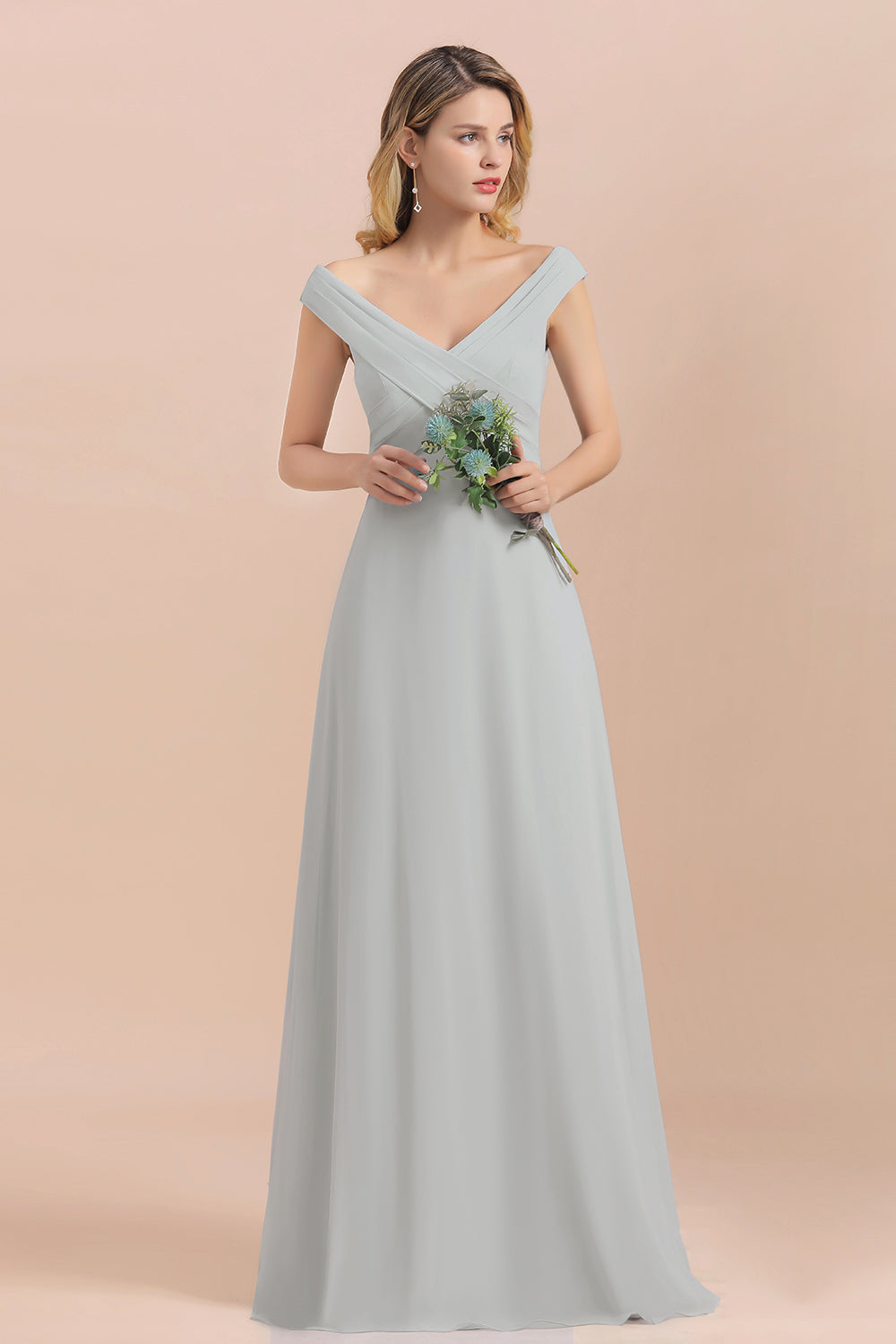 A-line Off-the-Shoulder Chiffon Bridesmaid Dress Long Evening Dress-BIZTUNNEL