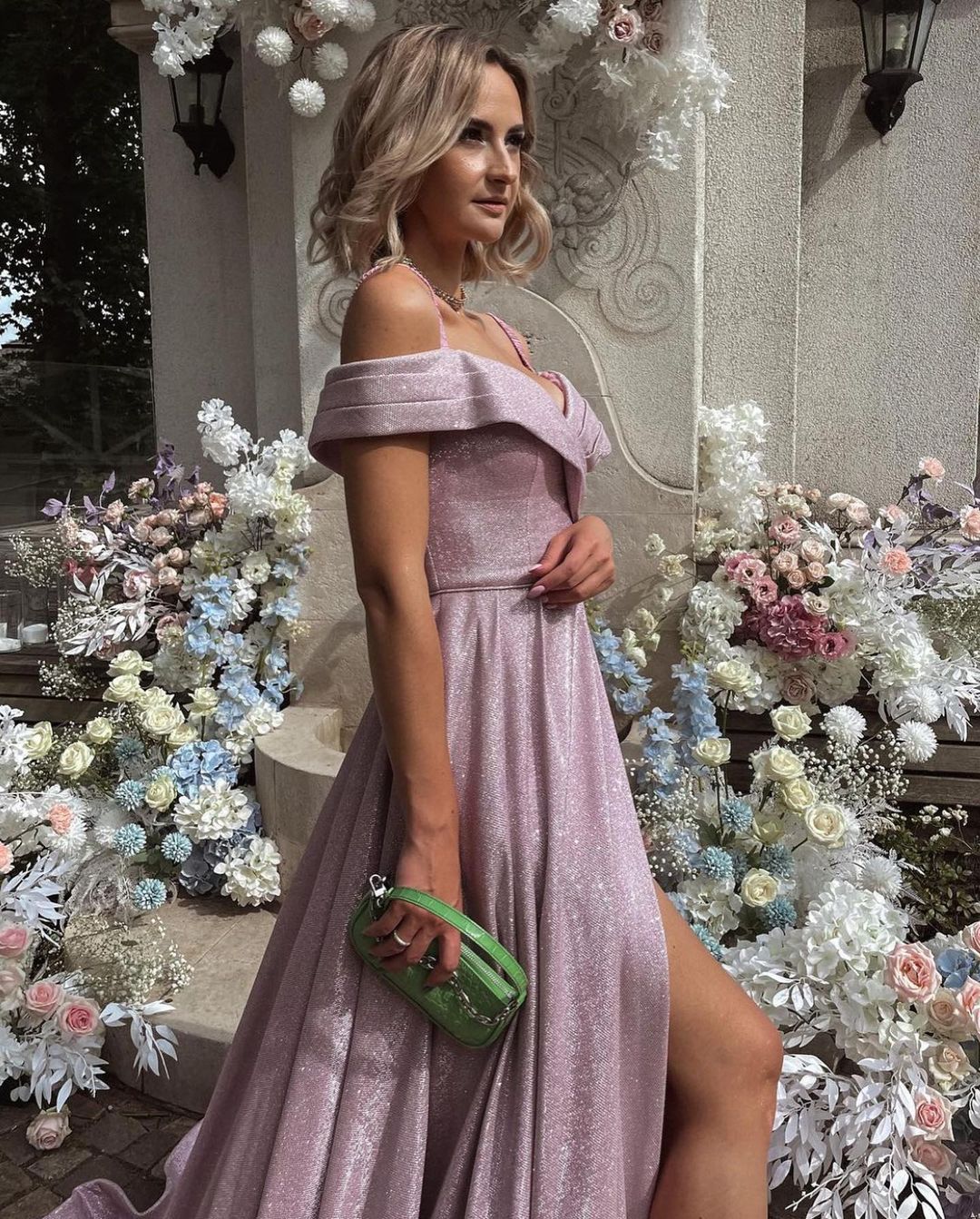 A-line Off-the-shoulder Glitter Long Prom Dress with Slit-BIZTUNNEL