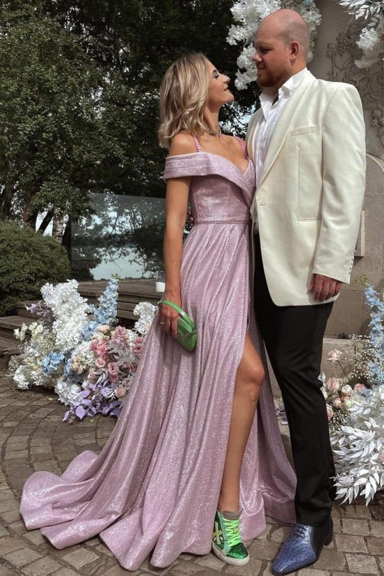 A-line Off-the-shoulder Glitter Long Prom Dress with Slit-BIZTUNNEL