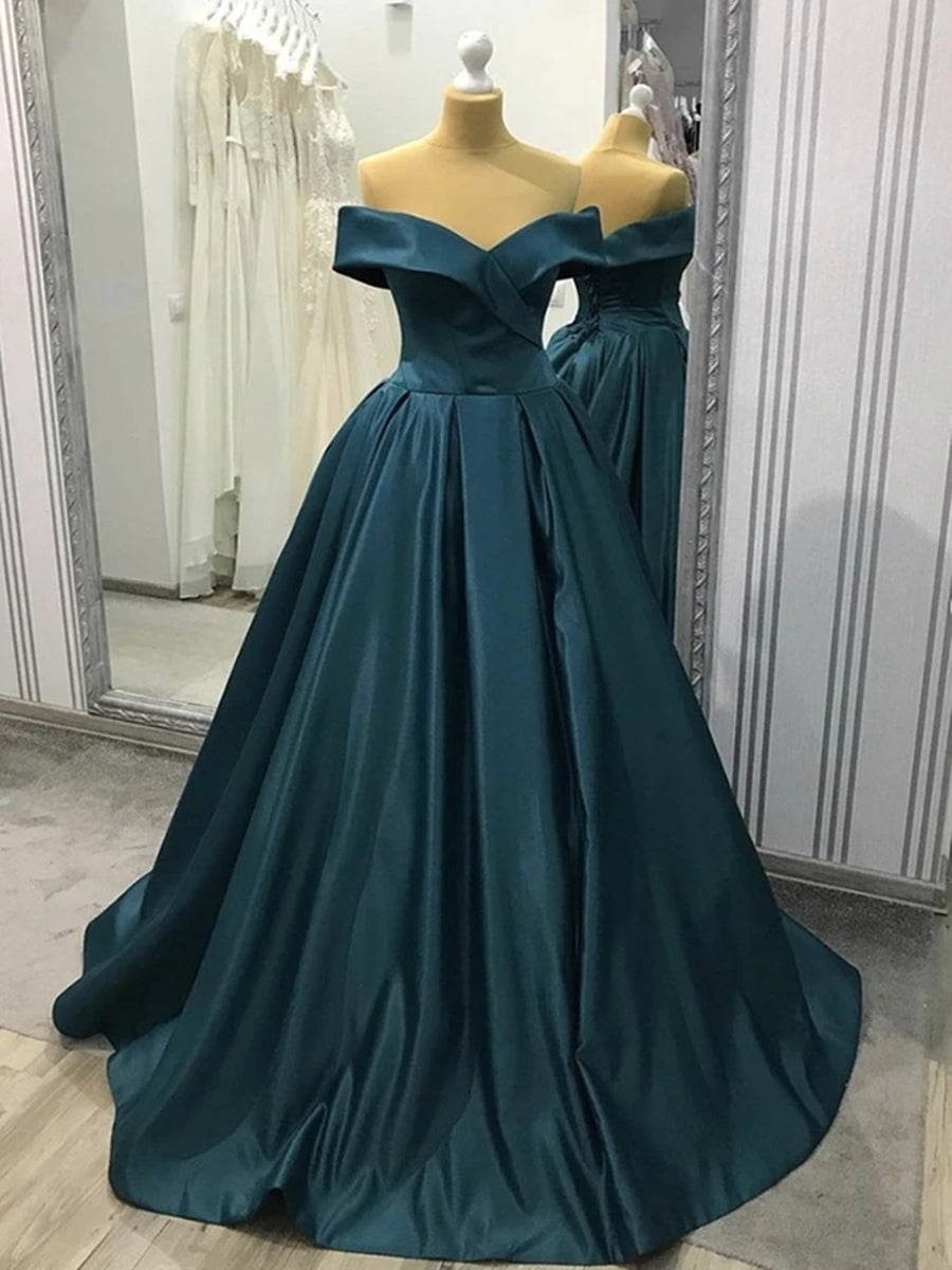 A-line Off the Shoulder Long Prom Dresses Satin Formal Evening Gowns-BIZTUNNEL