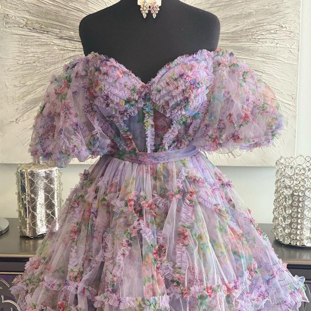 
                  
                     A-Line Off The Shoulder Pink Corset Floral Short Homecoming Dress
                  
                