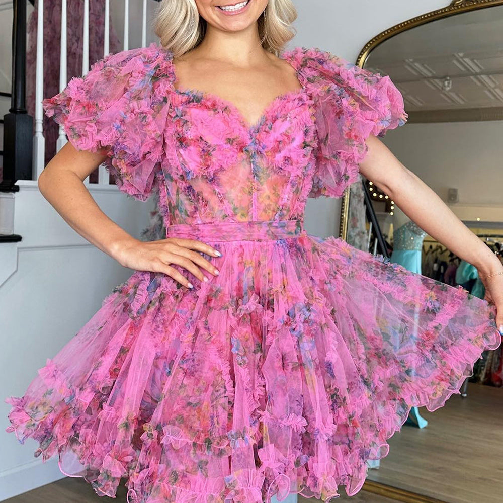 
                  
                     A-Line Off The Shoulder Pink Corset Floral Short Homecoming Dress
                  
                
