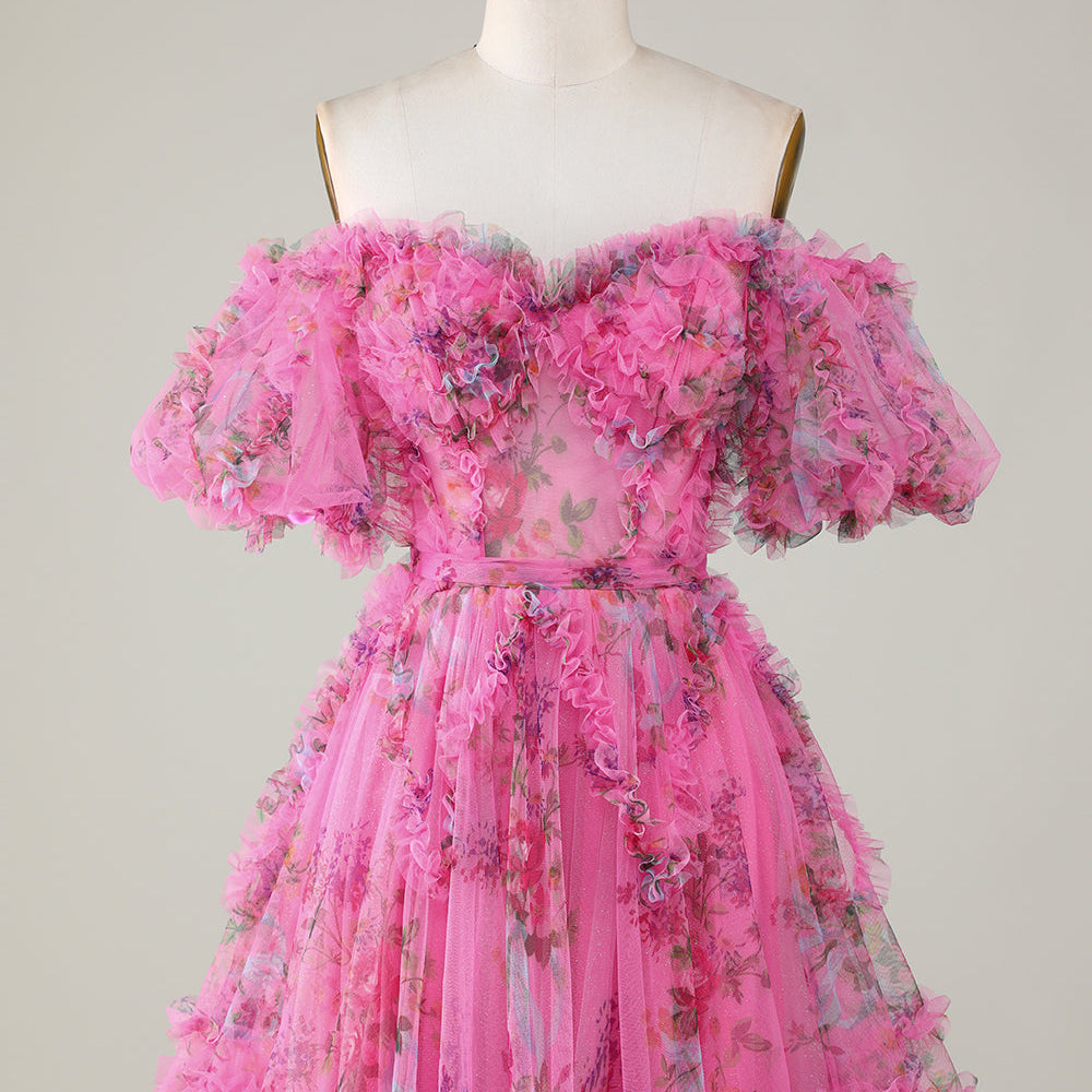 
                  
                     A-Line Off The Shoulder Pink Corset Floral Short Homecoming Dress
                  
                