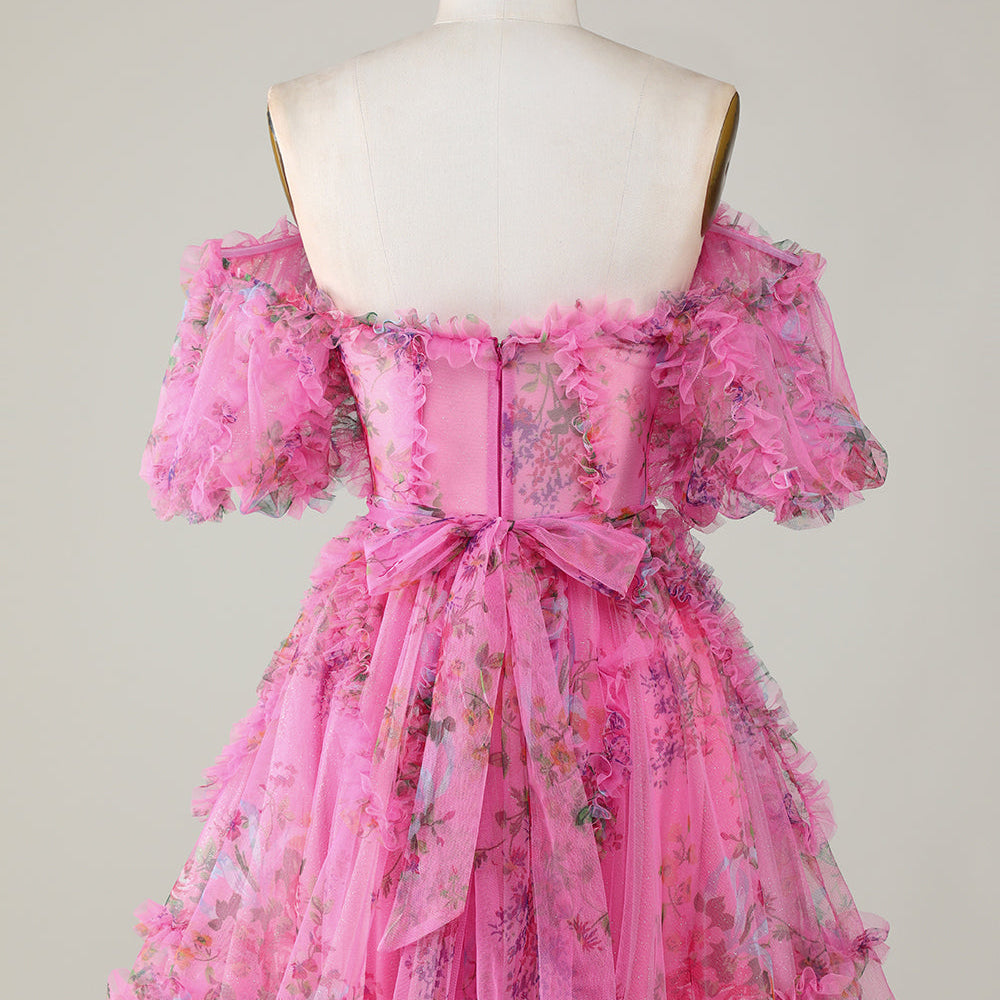 
                  
                     A-Line Off The Shoulder Pink Corset Floral Short Homecoming Dress
                  
                