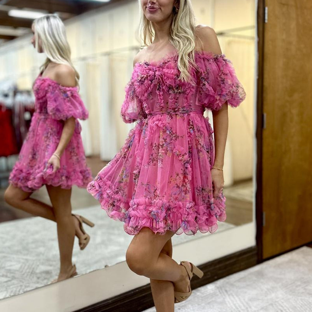 
                  
                     A-Line Off The Shoulder Pink Corset Floral Short Homecoming Dress
                  
                