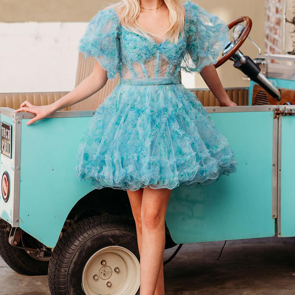 
                  
                     A-Line Off The Shoulder Pink Corset Floral Short Homecoming Dress
                  
                