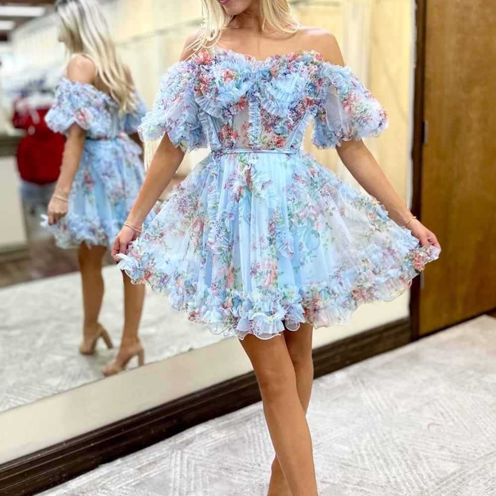 
                  
                     A-Line Off The Shoulder Pink Corset Floral Short Homecoming Dress
                  
                