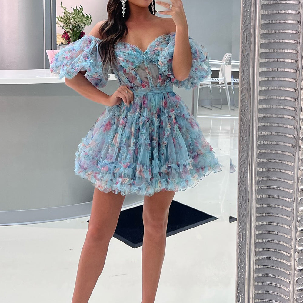 
                  
                     A-Line Off The Shoulder Pink Corset Floral Short Homecoming Dress
                  
                