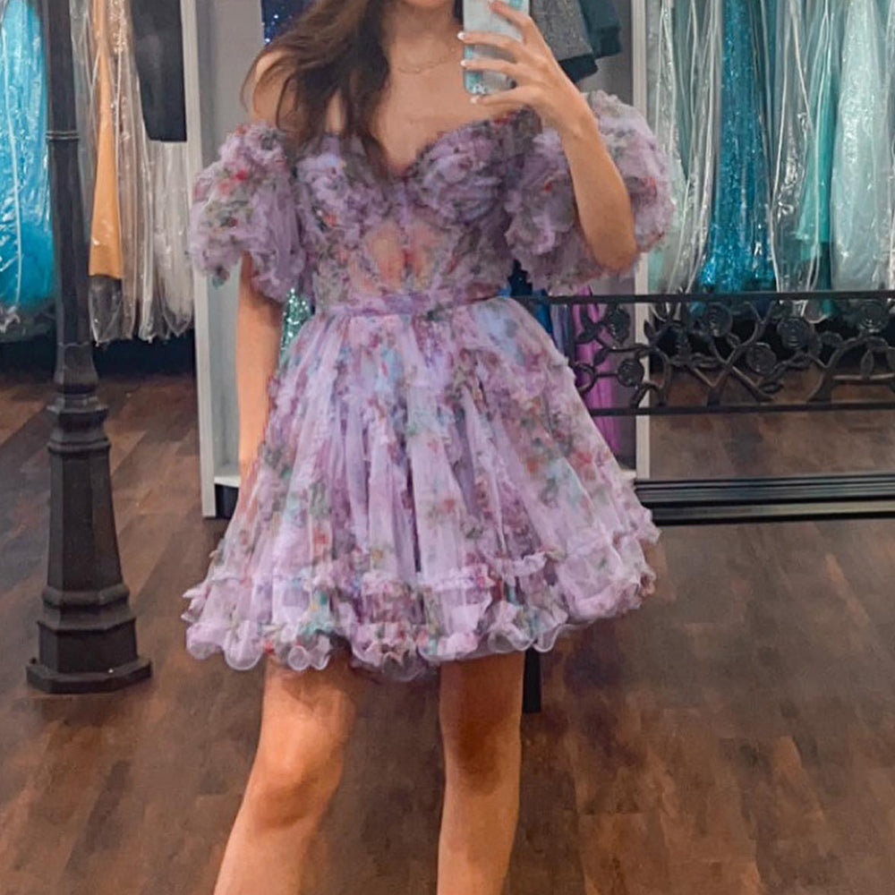 
                  
                     A-Line Off The Shoulder Pink Corset Floral Short Homecoming Dress
                  
                