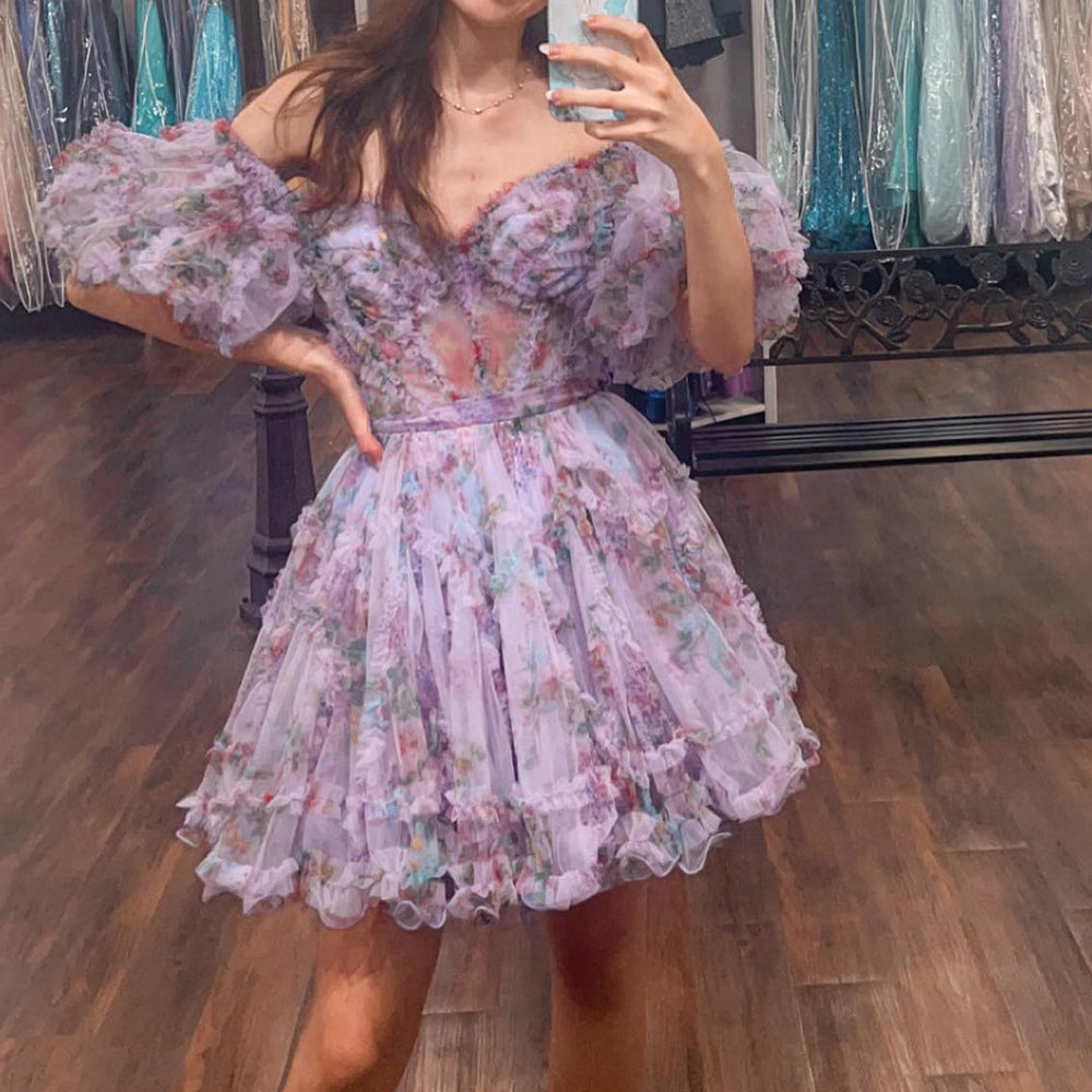 
                  
                     A-Line Off The Shoulder Pink Corset Floral Short Homecoming Dress
                  
                
