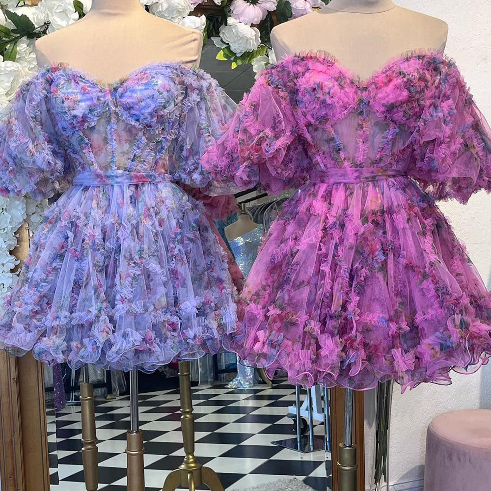 
                  
                     A-Line Off The Shoulder Pink Corset Floral Short Homecoming Dress
                  
                