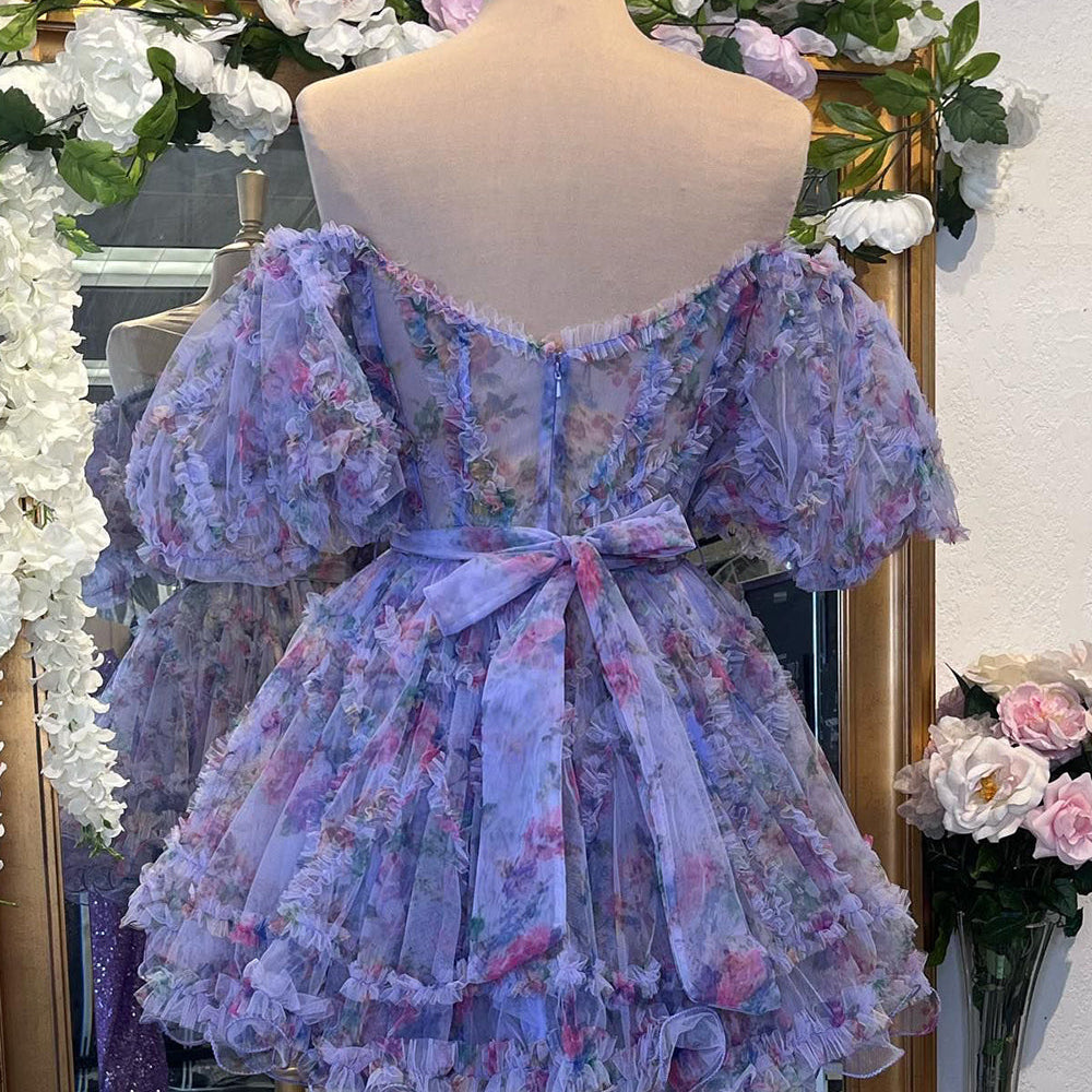 
                  
                     A-Line Off The Shoulder Pink Corset Floral Short Homecoming Dress
                  
                