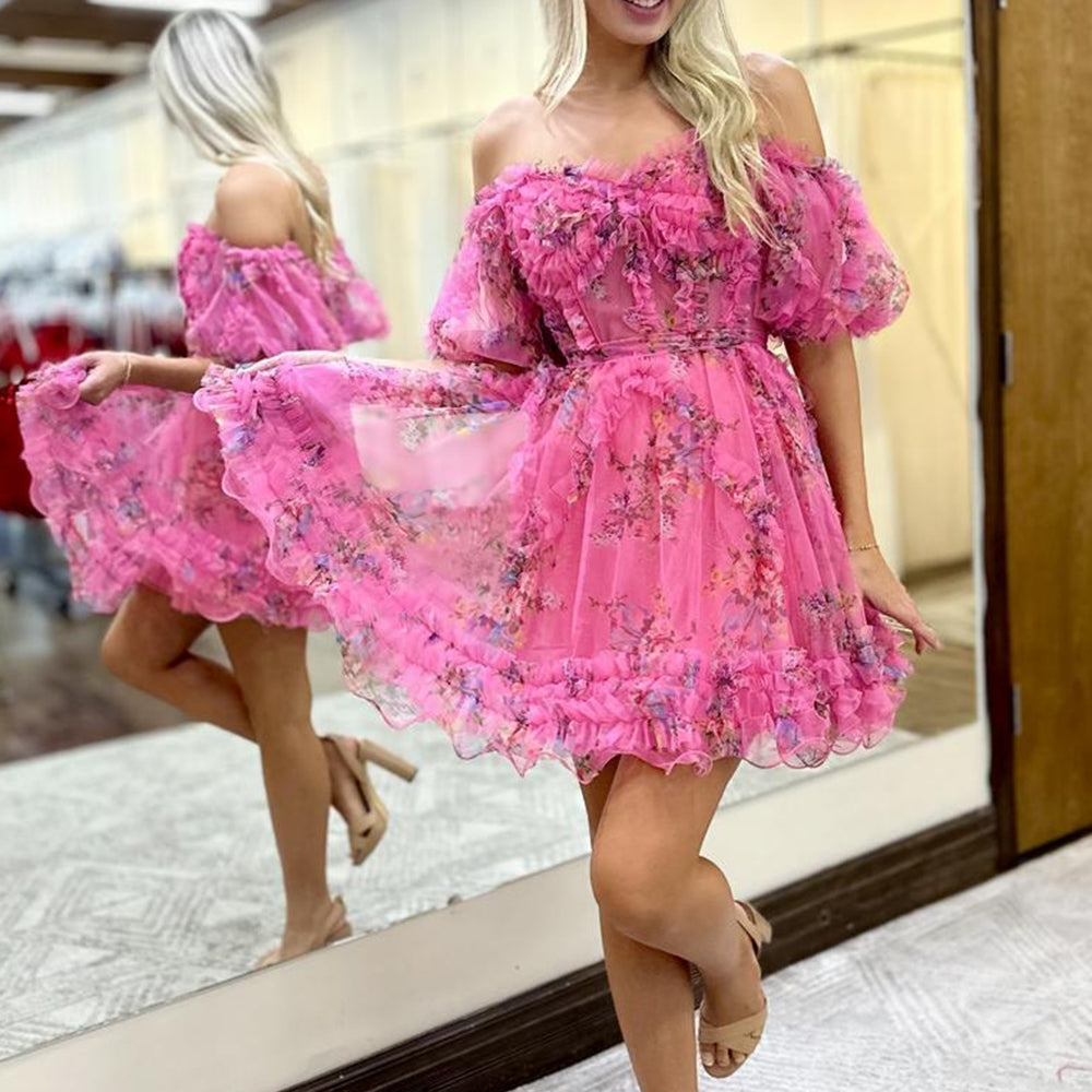  A-Line Off The Shoulder Pink Corset Floral Short Homecoming Dress