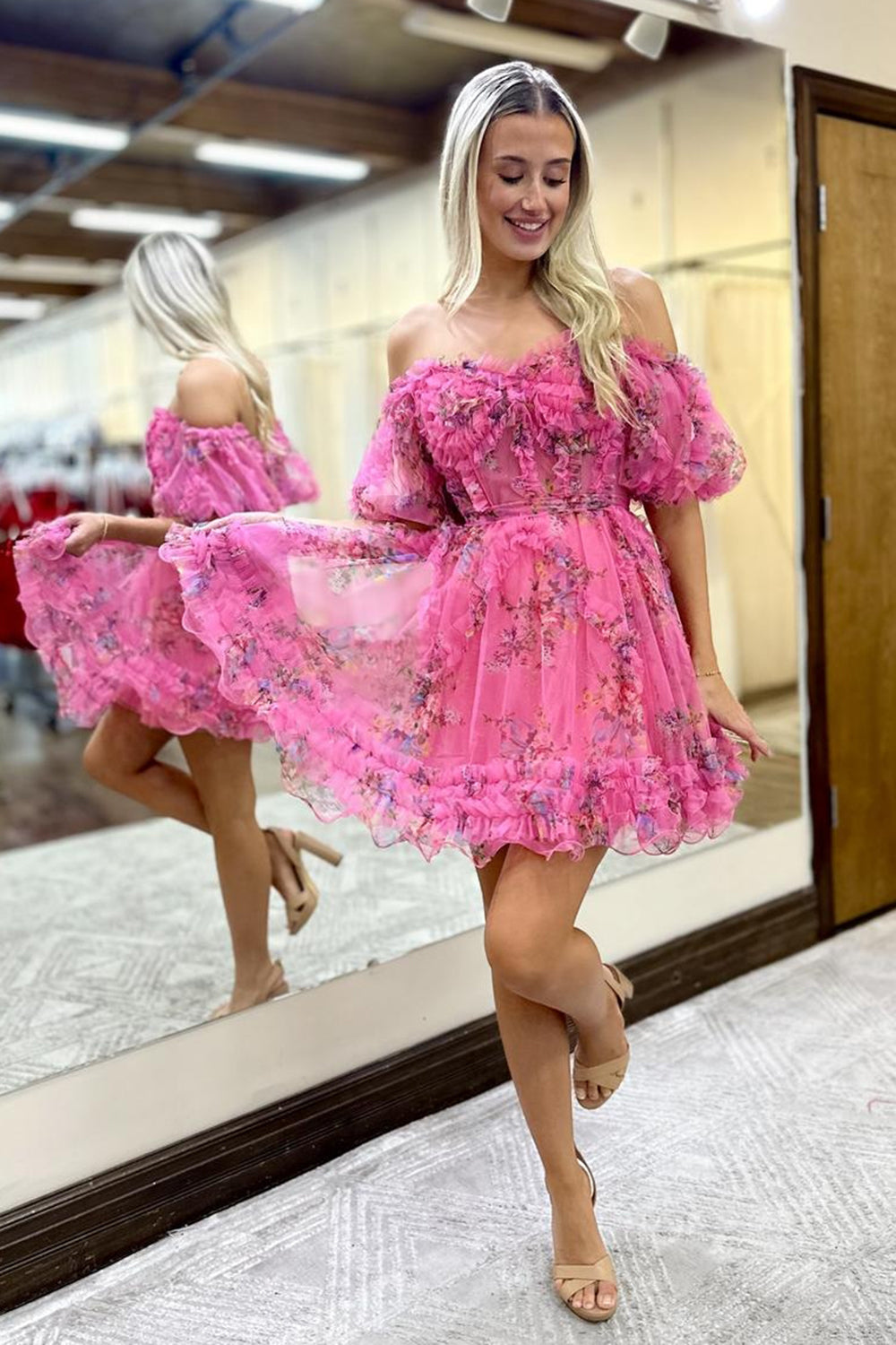  A-Line Off The Shoulder Pink Corset Floral Short Homecoming Dress