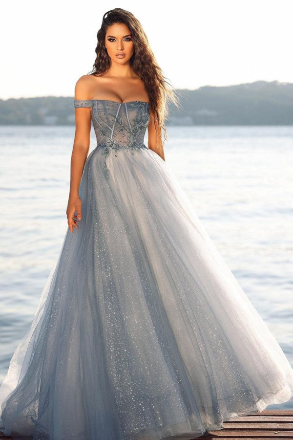 A-line Off-the-shoulder Tulle Glitter Long Prom Dress-BIZTUNNEL
