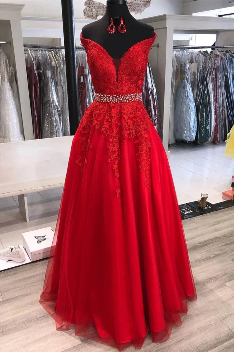 A-line Off the Shoulder Tulle Lace Long Prom Dresses with Belt Red Formal Evening Gowns-BIZTUNNEL