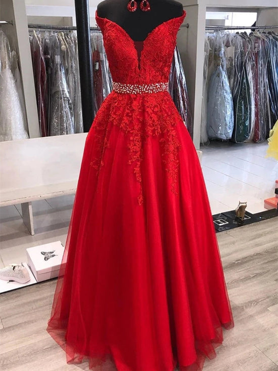 A-line Off the Shoulder Tulle Lace Long Prom Dresses with Belt Red Formal Evening Gowns-BIZTUNNEL