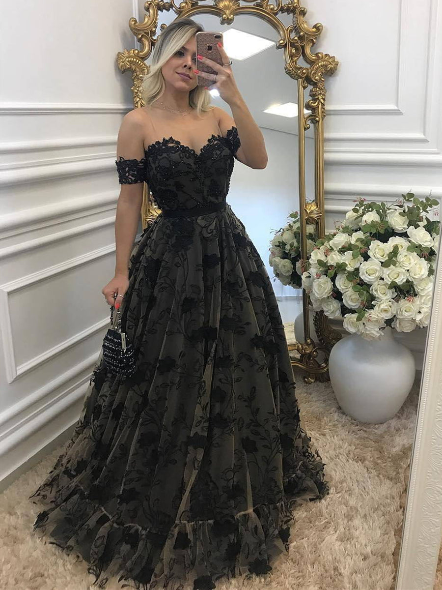 A-line Off the Shouler Black Tulle Long Prom Dresses with Appliques Lace-BIZTUNNEL